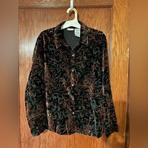 Vintage Velvet Burnout Button-Up Shirt with Floral Pattern